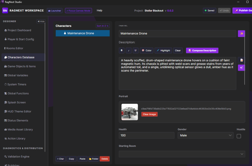RagNext Characters Database Editor with Maintenance Drone, portrait preview, and AI description composer