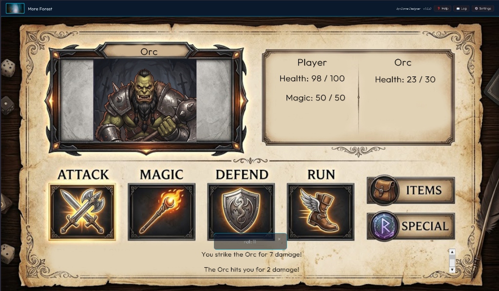 Turn-based RPG battle scene against an Orc with attack, magic, and defend options