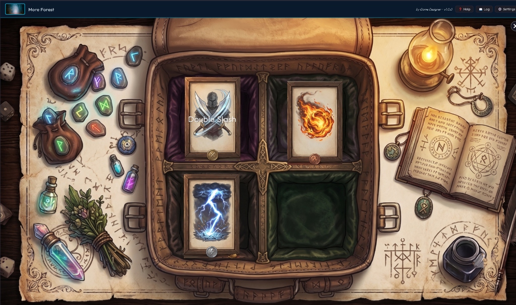 Point and click adventurer spellbook and inventory with potions, runes, and elemental cards