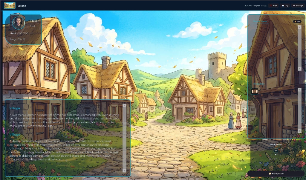 Story exploration in Village with dialogue logs, character stats, and room inventory