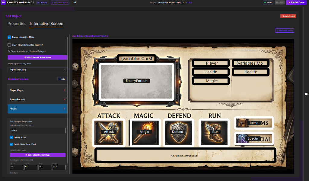 RagNext Interactive Screen Editor with RPG combat sheet, clickable hotspots, and live coordinate preview