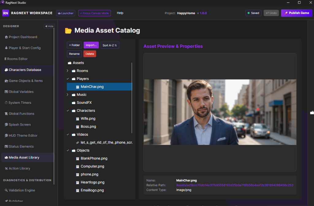 RagNext Media Asset Catalog showing organized folders and live asset preview